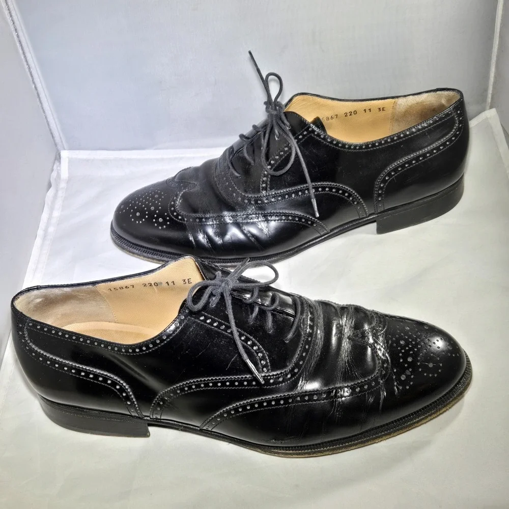 Salvatore Ferragamo Wingtip Mens 11 3E Black Leather Oxford Shoes Italy